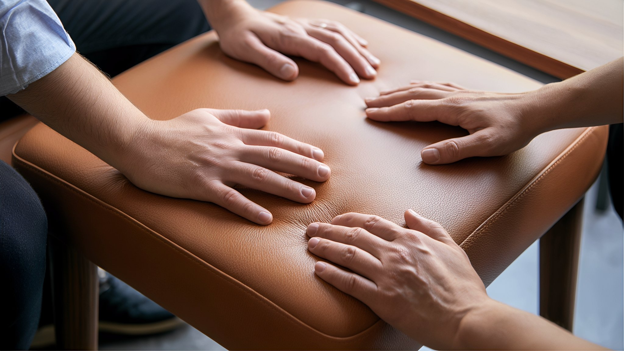 Hands testing the surface of a cognac leather seat