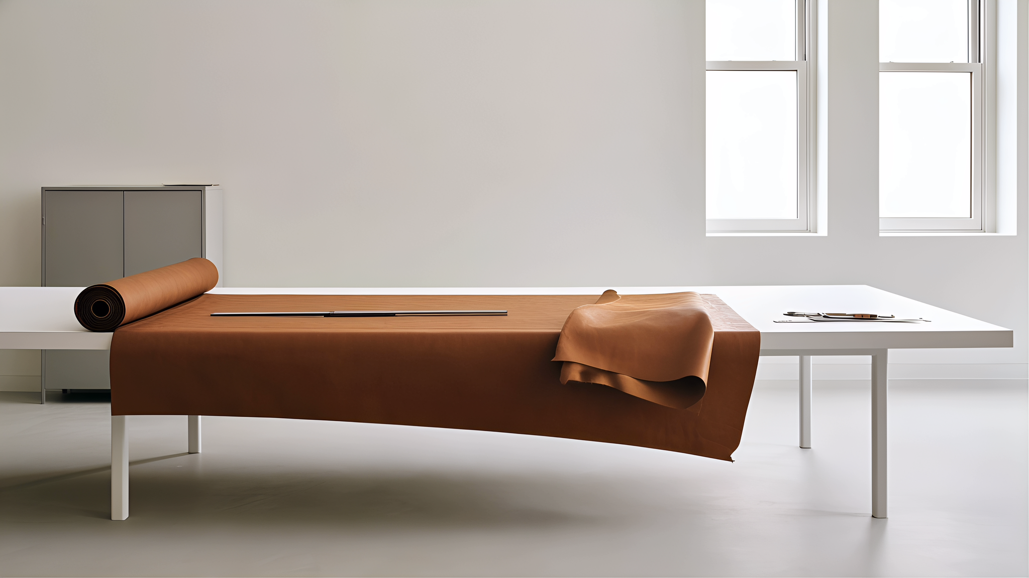 A rolled cognac leather length and steel ruler on a daylight cutting table