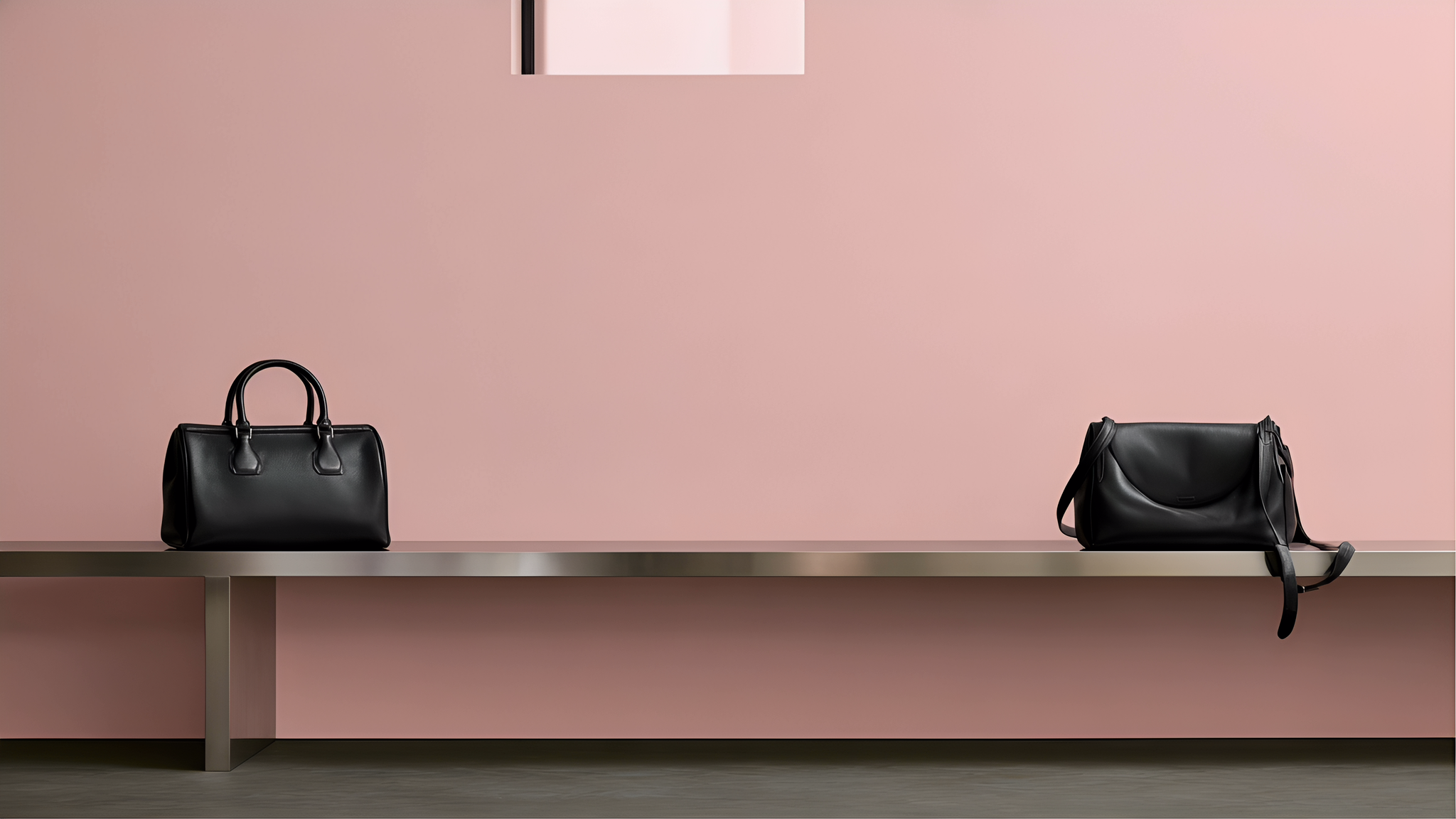 Two charcoal leather bags on aluminium display ledges in a cool pink gallery
